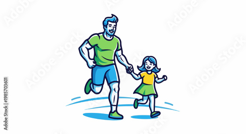 A man and a child run together holding hands, smiling joyfully outdoors