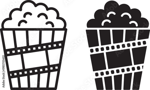 Two popcorn buckets with film strip wrapping on transparent in outline and solid styles