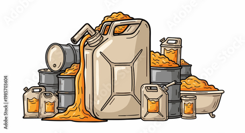 A pile of containers, including jerrycans and barrels, overflowing with orange liquid