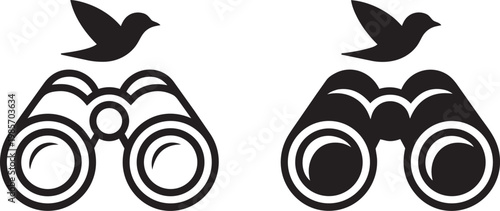 Two pairs of binoculars with birds flying above on transparent in outline style