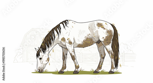A painted horse grazes in a field with a faint outline of a barn