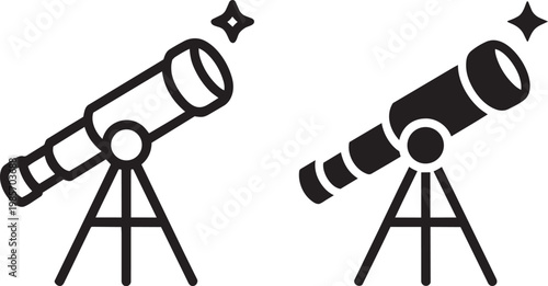 Two telescope icons, one outline, one solid, with star burst on transparent