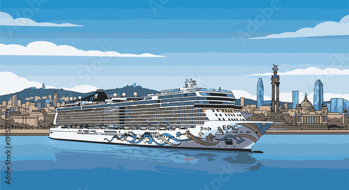 A large cruise ship sails by a coastal city with iconic monuments under a blue sky