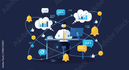 A man sits at a desk with a computer, surrounded by abstract digital elements