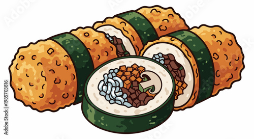 A pile of deep-fried sushi rolls with visible ingredients inside