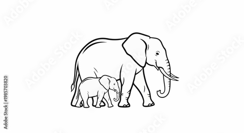 A large elephant and a smaller elephant walk together in profile
