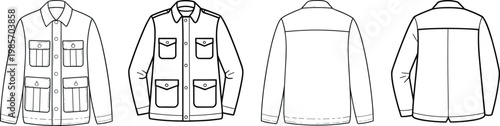 Utility field jacket set, multiple pocket design, front and back views, rugged workwear outerwear apparel outline template – vector illustration