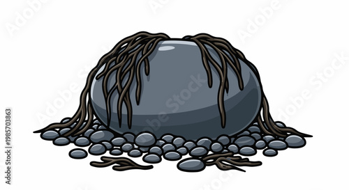 A large gray boulder sits atop a bed of smaller dark pebbles