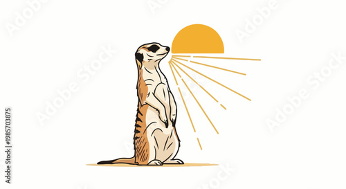 A meerkat stands on hind legs, basking in a stylized sun's rays
