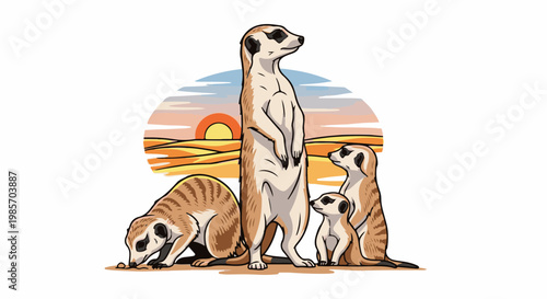 A meerkat family stands on sandy ground with a sunset backdrop