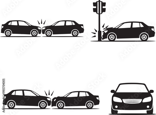 Crashed Cars vector Car eccident icons set