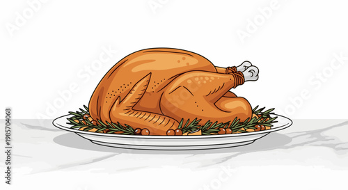 A golden roasted turkey centerpiece, adorned with herbs and garnishes, rests on a platter