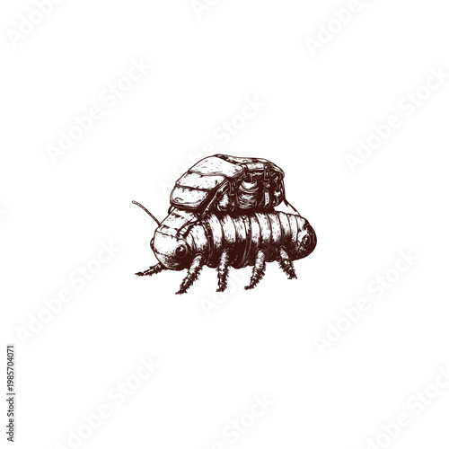 Hand-drawn vintage engraving illustration of a cute caterpillar traveler carrying a backpack and gear on its back