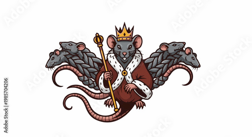 A regal rat wears a crown and robe, holding a scepter