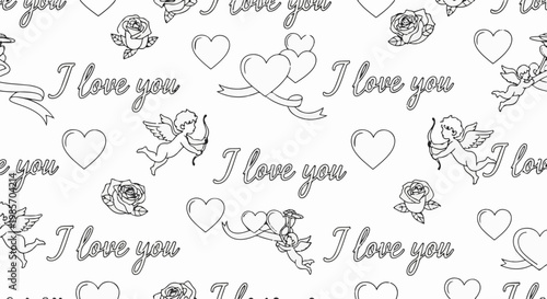 A seamless pattern of cupid, hearts, roses, and "I love you" text