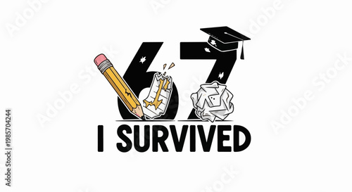 A graduation cap sits atop the number 67, with a pencil breaking paper