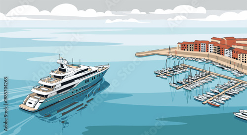 A large yacht sails past a harbor filled with smaller boats and waterfront buildings