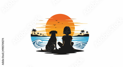 A person and dog sit on a beach watching a sunset over the ocean