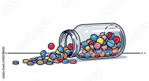 A glass bottle spills out colorful pills and capsules