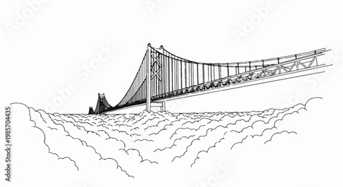 A grand suspension bridge emerges from a sea of clouds, its towers reaching skyward