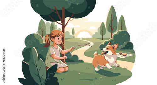 A girl throws a stick for a dog in a park at sunset