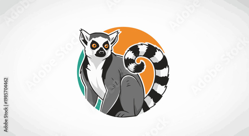 A ring-tailed lemur sits in front of a circular backdrop