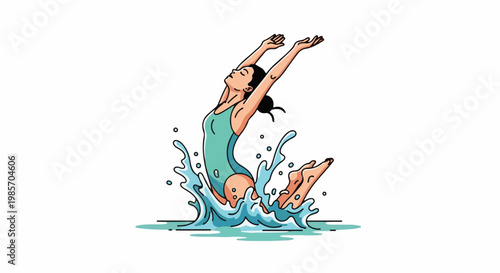 A person emerges from water in a bathing suit, arms raised