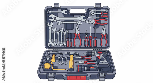 A fully stocked toolbox containing an array of tools, including wrenches, pliers, and a drill