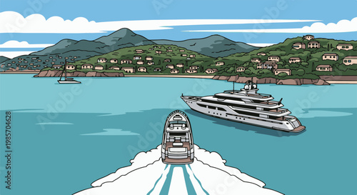 A pixelated scene of luxury yachts sailing in a bay near a lush, inhabited island