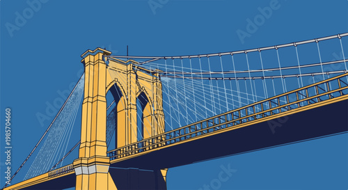 A graphic illustration of a large suspension bridge in a stylized, simplified form