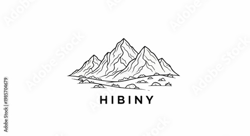 A minimalist black and white line drawing of a mountain range with a few rocks and shrubs