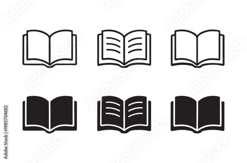 Six black and white icons depicting open books in various styles