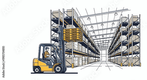 A forklift operator moves a pallet of goods in a large, well-lit warehouse