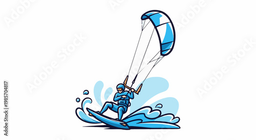 A person kiteboarding through stylized blue waves on a white background