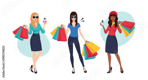 Three fashionable women wearing sunglasses and stylish summer outfits holding multiple colorful shopping bags from a successful trip.