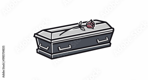 A gray coffin with silver trim and handles, adorned with a single red rose