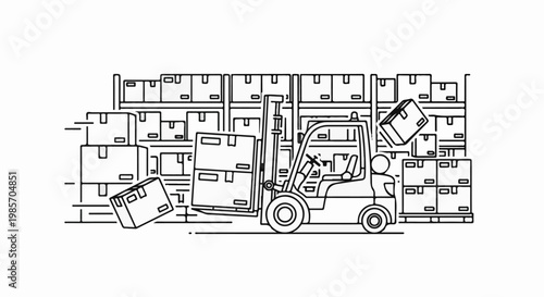 A forklift lifts boxes in a warehouse filled with shelves and stacked cargo