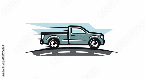 A light blue pickup truck speeds along a road with abstract motion blur