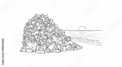 A pile of plastic bottles pollutes a beach at sunset