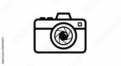 A minimalist graphic of a camera with an open aperture lens