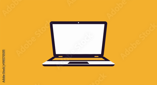 A minimalist illustration of an open laptop computer on a solid yellow background