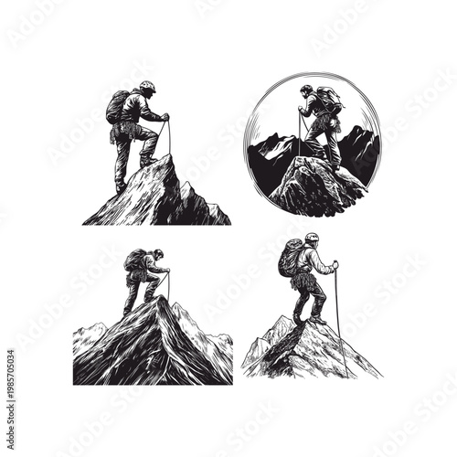Hand drawn vintage set of mountain climber silhouettes standing on peak, mountaineering adventure and outdoor exploration engraving illustration.