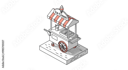 Isometric illustration of a traditional ice cream cart with a red and white striped awning and a large ice cream sign on the roof top.