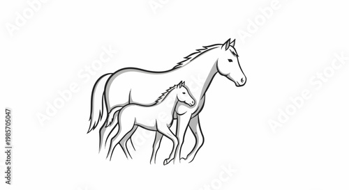A line drawing depicts a mare and foal walking together