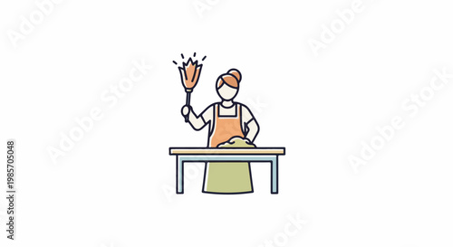 A person with an apron dusts a table with a feather duster