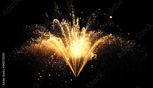 Golden Sparkling Fountain Spray Against Black Background Dramatic Lighting