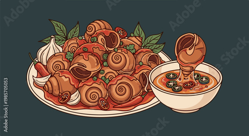 A flavorful dish of snails in a spicy sauce with garlic and chili