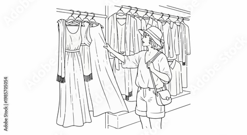 A person with a hat and bag shops for dresses in a boutique