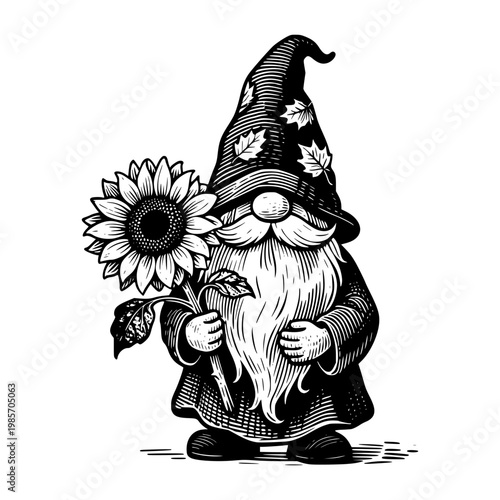 A gnome holding a sunflower shown in monochrome engraving on a white background, symbolizing nature and whimsy