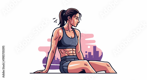 A fit woman with toned abs sits in a sports bra and shorts,